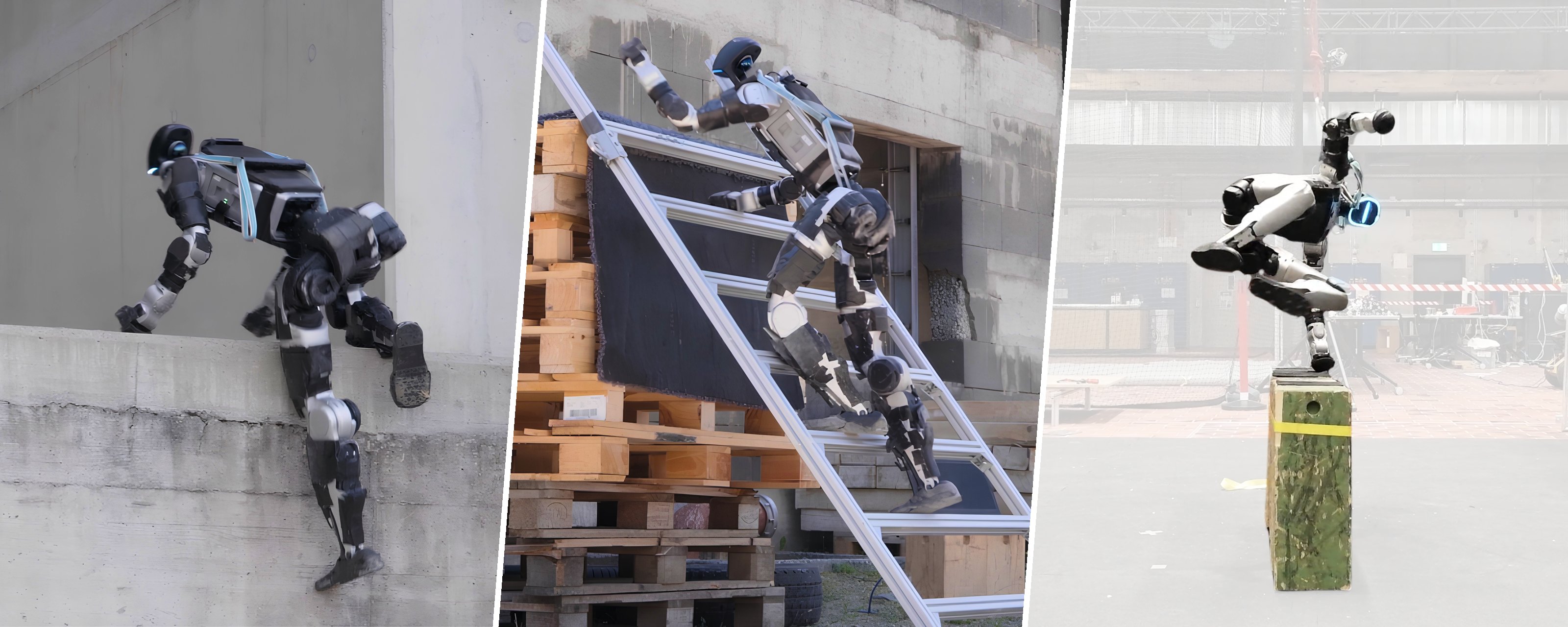 Three shots of the humanoid: climbing over a concrete wall, climbing a ladder onto stacked pallets, and vaulting onto a box