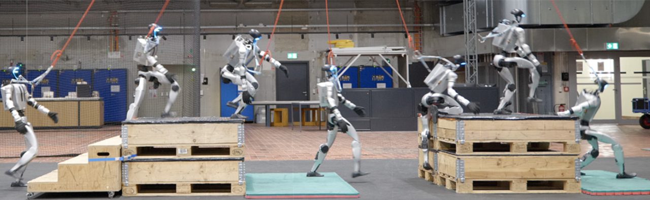 Chronophotograph of a humanoid climbing steps onto pallet boxes, jumping down and climbing again