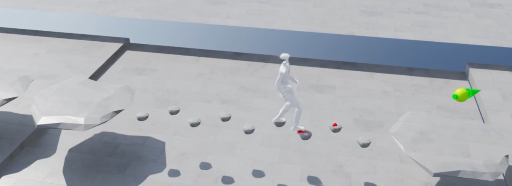 Simulated humanoid stepping across sparse stones toward a green goal marker, with its planned foot contacts shown as red dots