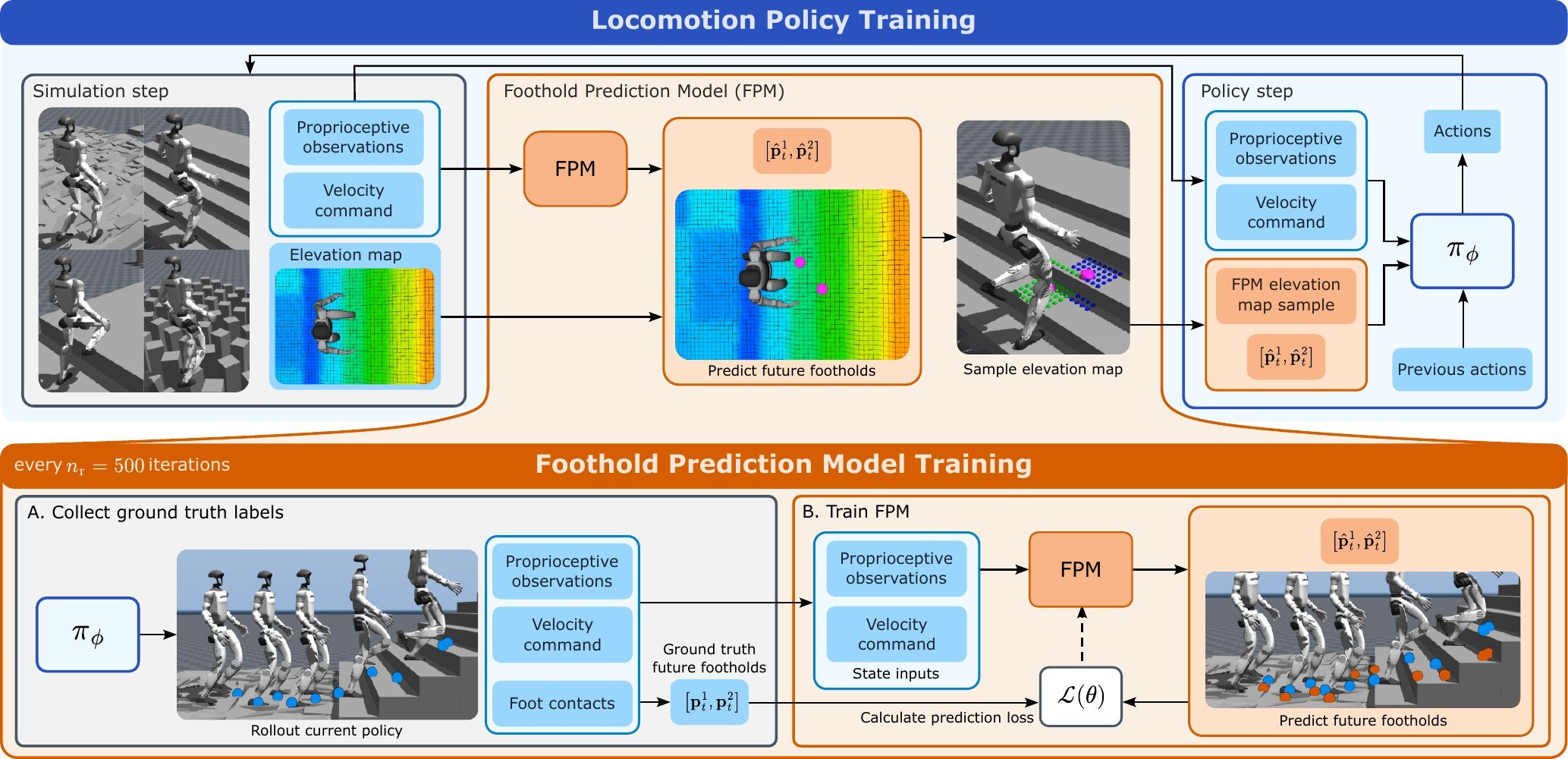 Method overview. Top: locomotion policy training, where the FPM predicts footholds from proprioception and the command, and the elevation map is sampled around them for the policy. Bottom: every 500 iterations, rollouts of the current policy provide ground-truth footholds on which the FPM is retrained.